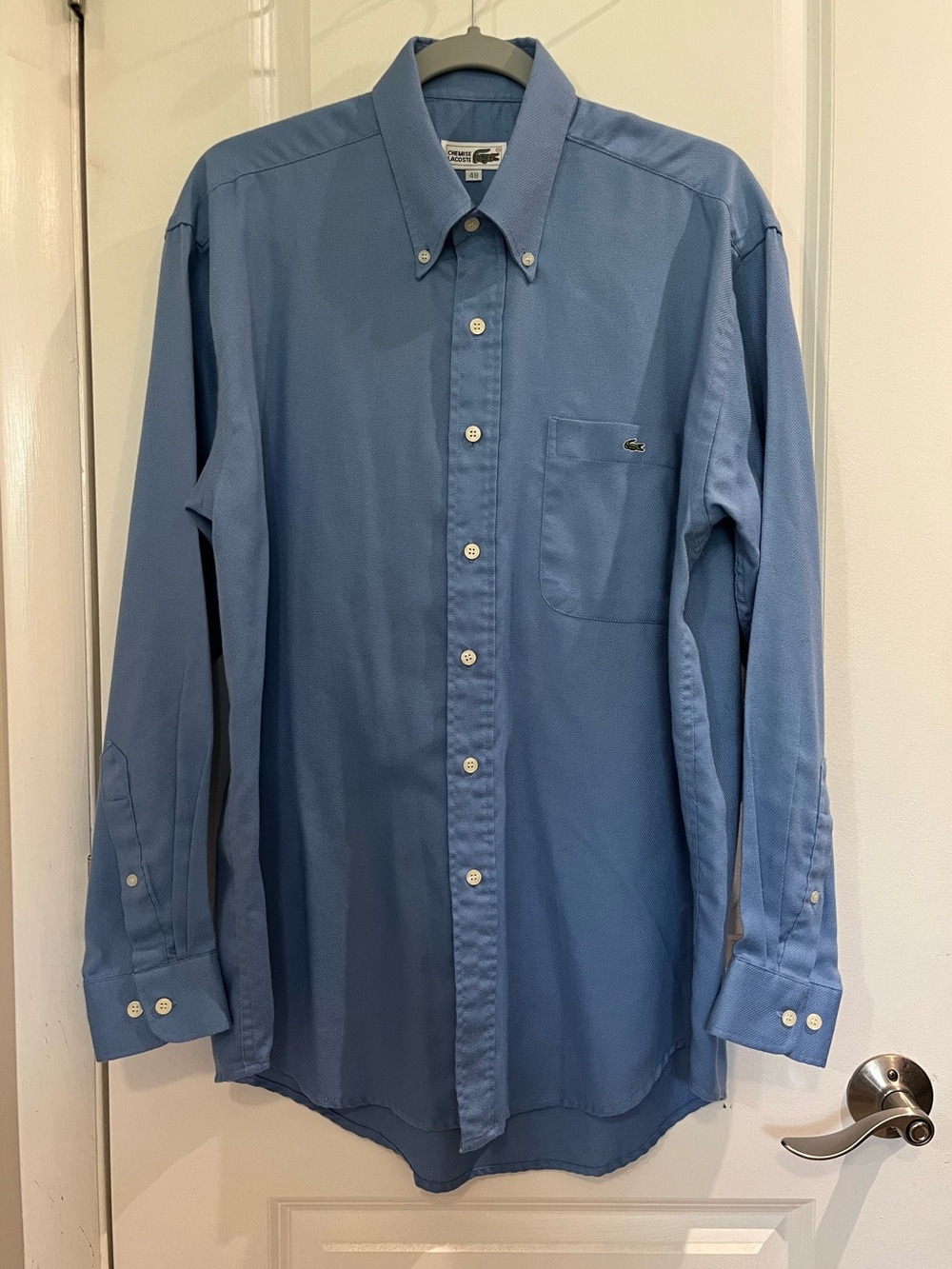 Vintage Linen Blend Lacoste Button Down Shirt Sz 48 Blue Long Sleeve Preppy